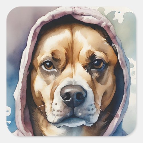 Brown and White Dog Tie_Dye Hoodie Watercolor Art Square Sticker