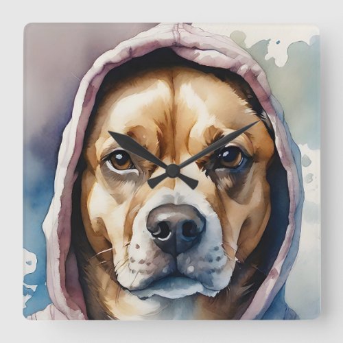 Brown and White Dog Tie_Dye Hoodie Watercolor Art Square Wall Clock
