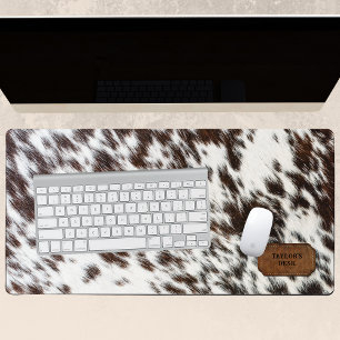 Brown and White Faux Cow Fur and Leather Desk Mat
