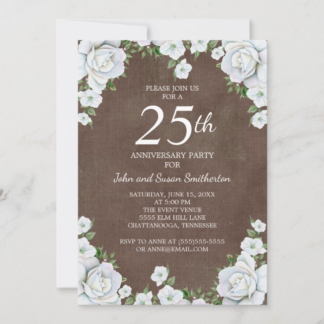 Brown and White Floral 25th Wedding Anniversary Invitation (Front)