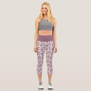 brown and white floral pattern capri leggings