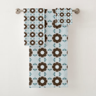 Brown and white flowers geometric patterned bath towel set