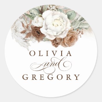Brown And White Flowers Pampas Grass Wedding Classic Round Sticker by lovelywow at Zazzle