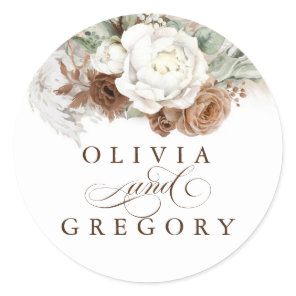 Brown and White Flowers Pampas Grass Wedding Classic Round Sticker