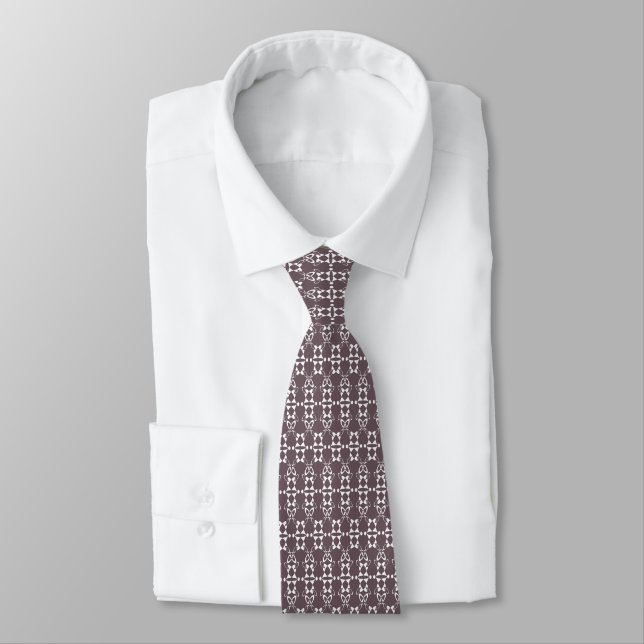 Brown and white geometric ornament pattern neck tie (Tied)