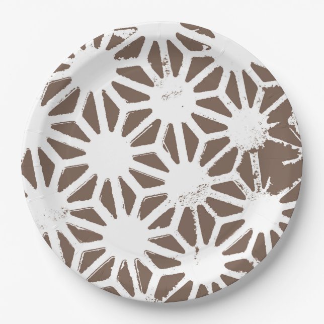 Brown and white geometric pattern paper plates (Front)