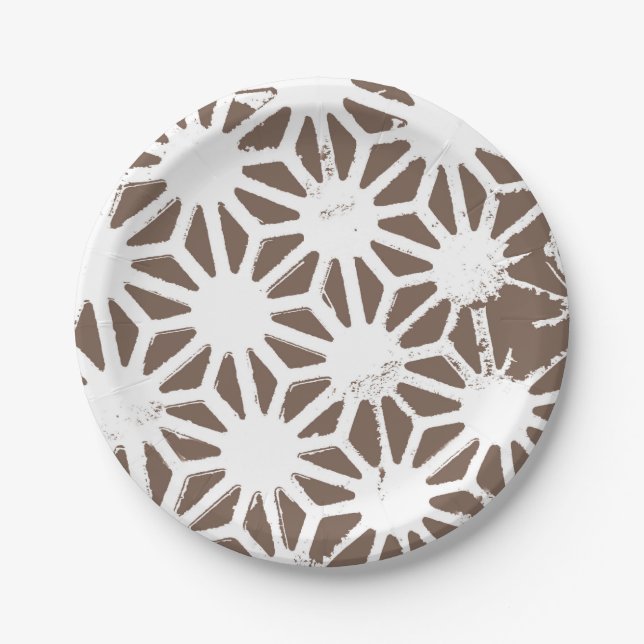 Brown and white geometric pattern paper plates (Front)