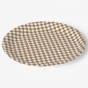 Brown And White Gingham Checkered Paper Plates
