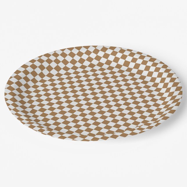 Brown And White Gingham Checkered Paper Plates (Angled)