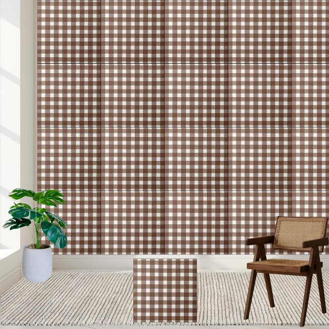 Brown and White Gingham Checkered Plaid Tile (Brown and White Gingham Checkered Plaid Tile)
