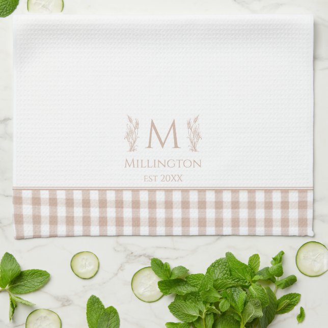 Brown and White Gingham Custom Name Monogram Kitchen Towel (Folded)