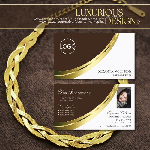 Brown and White Gold Decor with Logo and Photo Business Card