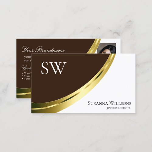 Brown and White Gold Decor with Monogram and Photo Business Card