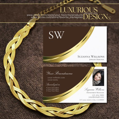 Brown and White Gold Decor with Monogram and Photo Business Card