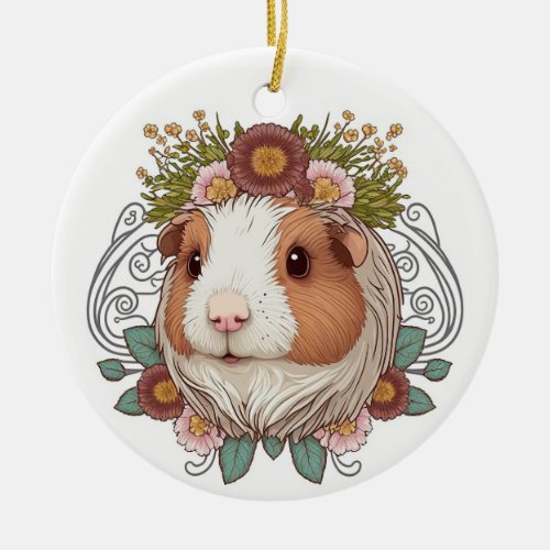 Brown and White Guinea Pig and Flowers Ceramic Ornament