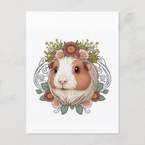 Brown and White Guinea Pig and Flowers  Postcard