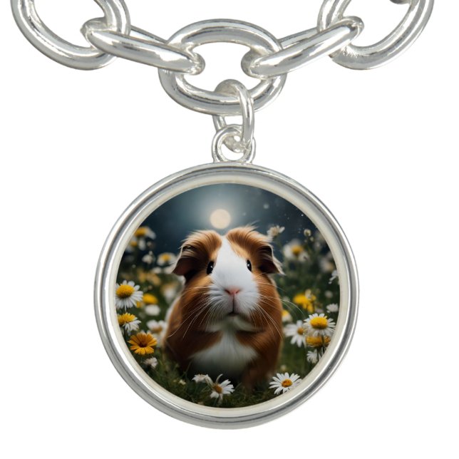 Brown And White Guinea Pig Moon And Daisies, Bracelet (Design)