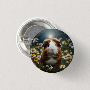 Brown And White Guinea Pig Moon And Daisies, Button