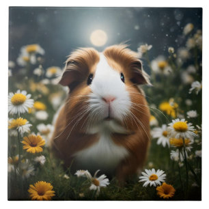 Brown And White Guinea Pig Moon And Daisies, Ceramic Tile