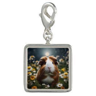 Brown And White Guinea Pig Moon And Daisies, Charm