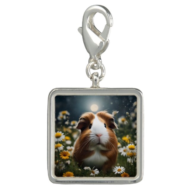 Brown And White Guinea Pig Moon And Daisies, Charm (Front)
