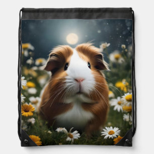 Brown And White Guinea Pig Moon And Daisies, Drawstring Bag
