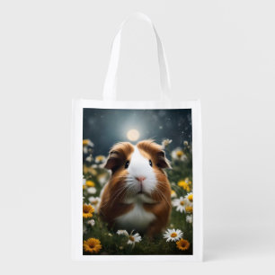 Brown And White Guinea Pig Moon And Daisies, Grocery Bag