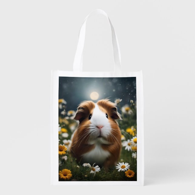Brown And White Guinea Pig Moon And Daisies, Grocery Bag (Front)