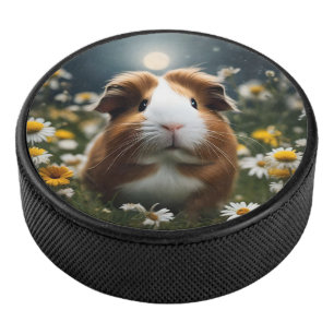 Brown And White Guinea Pig Moon And Daisies, Hockey Puck