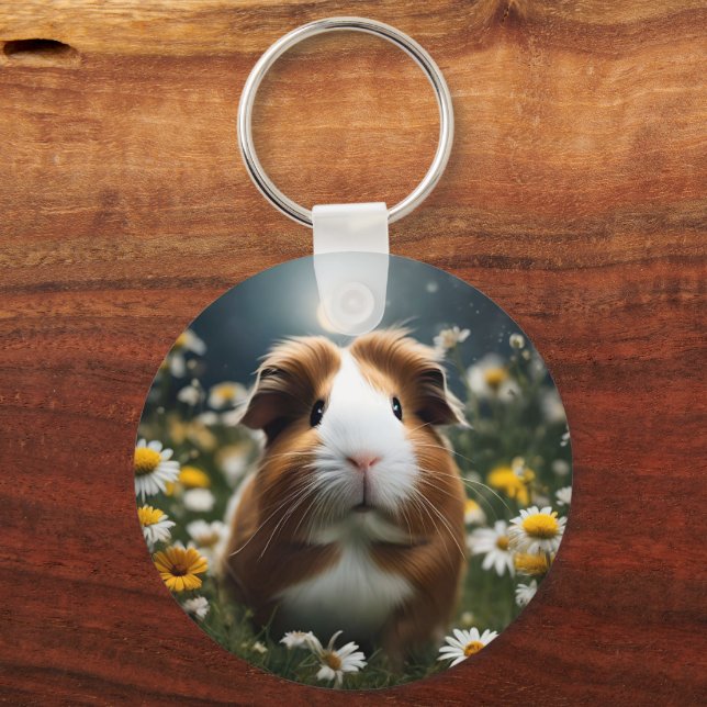 Brown And White Guinea Pig Moon And Daisies, Keychain (Front)