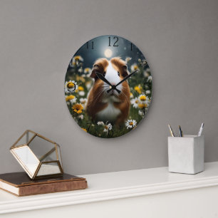 Brown And White Guinea Pig Moon And Daisies, Large Clock