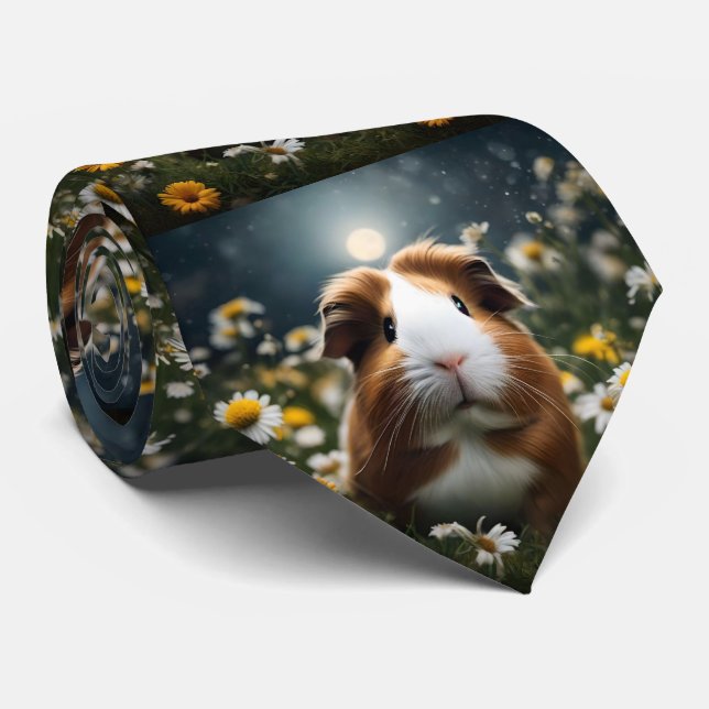 Brown And White Guinea Pig Moon And Daisies, Neck Tie (Rolled)