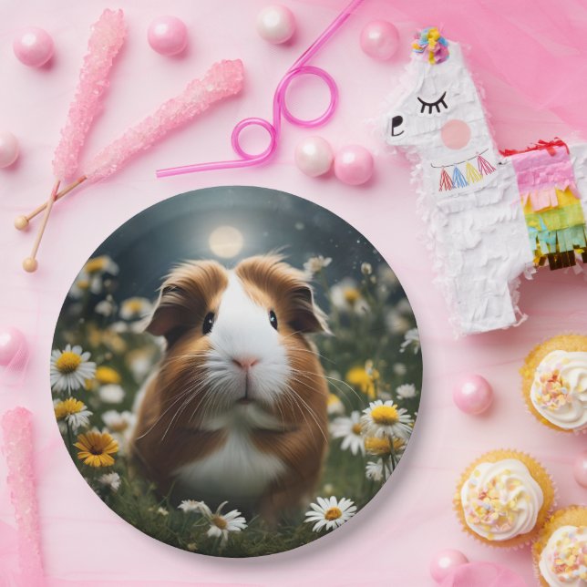 Brown And White Guinea Pig Moon And Daisies, Paper Plates (Party)