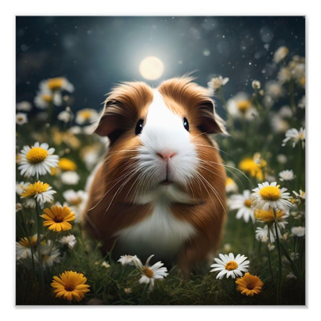 Brown And White Guinea Pig Moon And Daisies, Photo Print (Front)