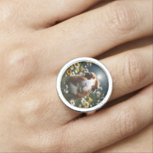 Brown And White Guinea Pig Moon And Daisies, Ring