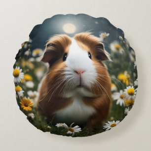 Brown And White Guinea Pig Moon And Daisies, Round Pillow