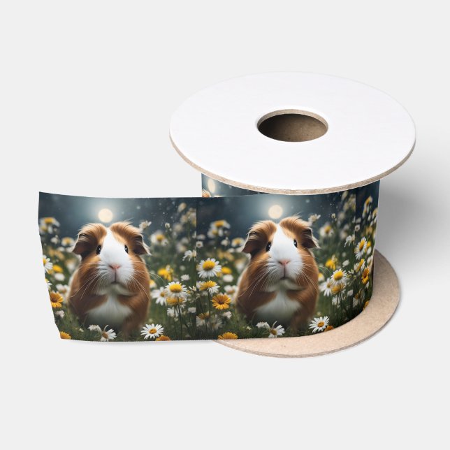 Brown And White Guinea Pig Moon And Daisies, Satin Ribbon (Spool)