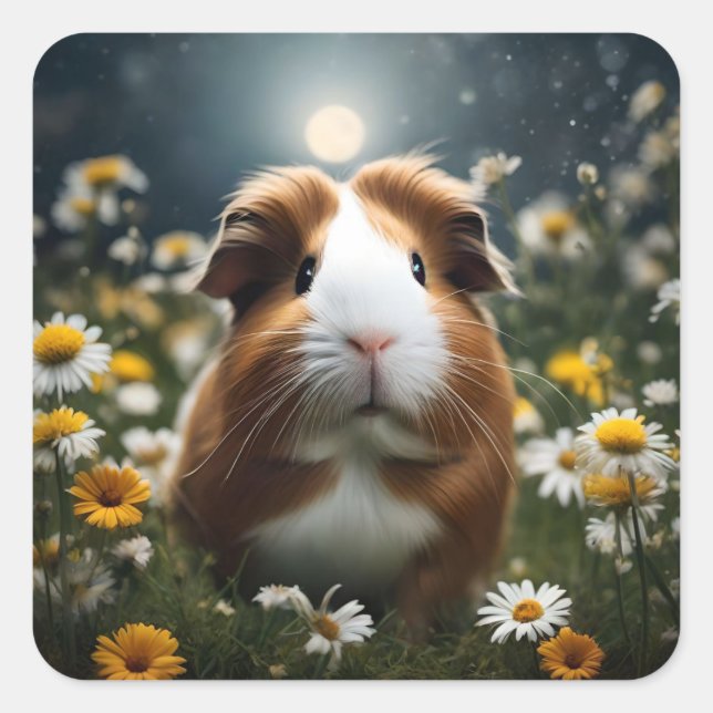 Brown And White Guinea Pig Moon And Daisies, Square Sticker (Front)
