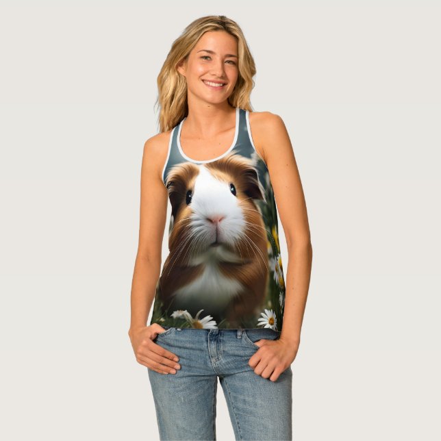 Brown And White Guinea Pig Moon And Daisies, Tank Top (Front Full)