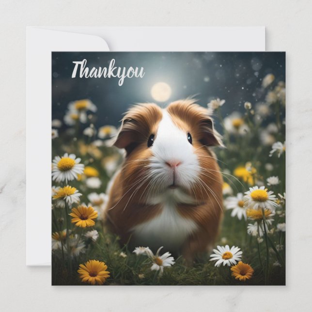Brown And White Guinea Pig Moon And Daisies, Thank You Card (Front)