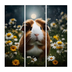 Brown And White Guinea Pig Moon And Daisies, Triptych