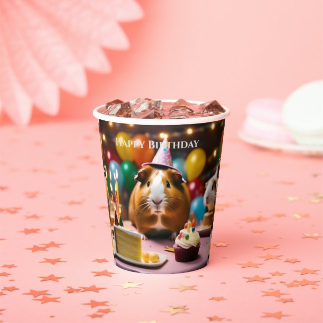 Brown And White Happy Birthday Guinea Pig, Paper Cups (Insitu)