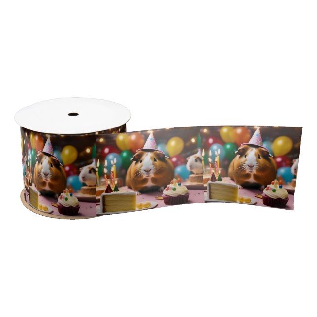 Brown And White Happy Birthday Guinea Pig, Satin Ribbon (Spool)