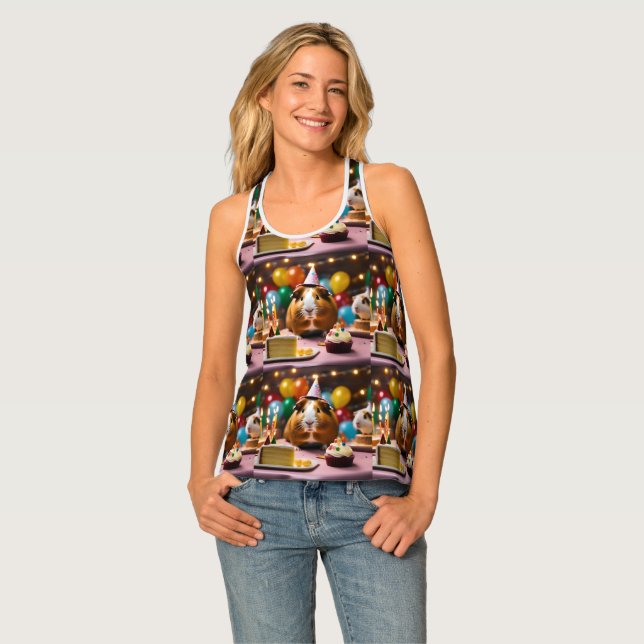 Brown And White Happy Birthday Guinea Pig, Tank Top (Front Full)