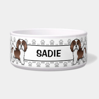 Brown And White Havanese Cartoon Dog &amp; Paws &amp; Name Bowl