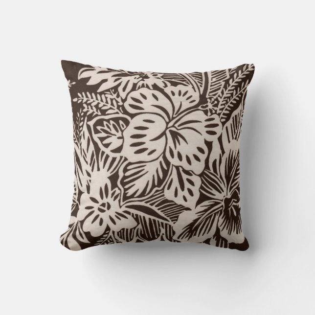 Brown and White Hibiscus Throw Pillow (Front)