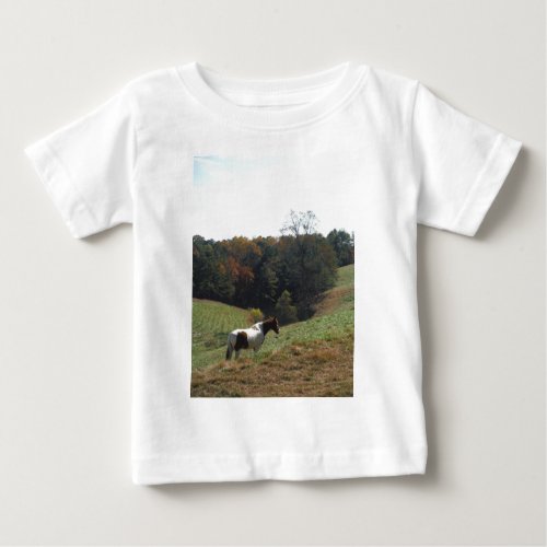 Brown and white horse at autumn pond baby T_Shirt