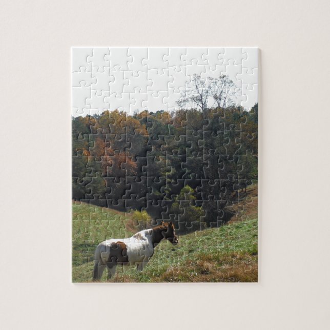 Brown and white horse at autumn pond jigsaw puzzle (Vertical)