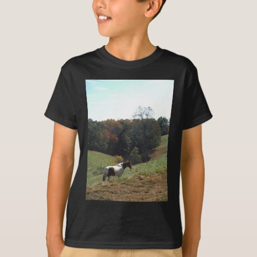 Brown and white horse at autumn pond T_Shirt