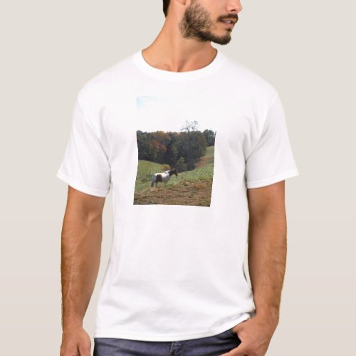 Brown and white horse at autumn pond T_Shirt